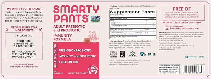 SmartyPants Adult Probiotic &amp Prebiotic Gummies for Digestive Health: Gut Health Supplement Clinically Studied Prebiotic for Immune Support Strawberry 60 Count (30 Day Supply) (Pack of 2)