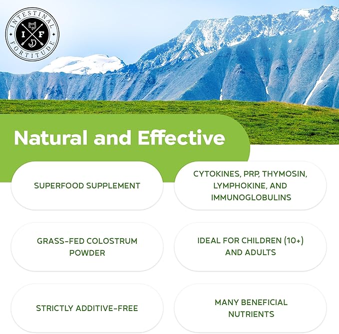 Intestinal Fortitude 100% Grass Fed New Zealand Cows Colostrum Powder Grassfed Hormone Free GMO Free Optimal Gut Health and Immune System Support Leaky Gut IBD 60 Grams