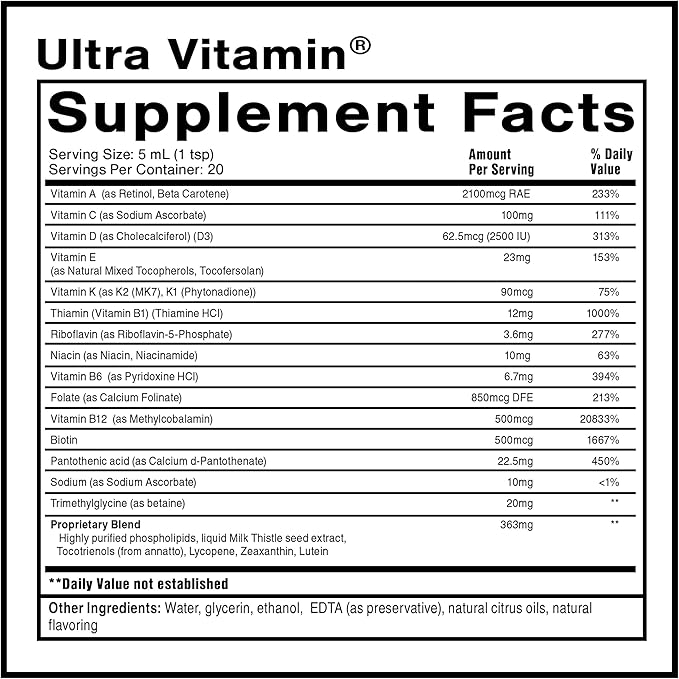 Quicksilver Scientific Liposomal Ultra Vitamin - Liquid Multivitamin &amp Antioxidant Supplement for Energy Liver Health &amp Brain Support - Bioactive B Complex Vitamin C D E &amp K (100ml)