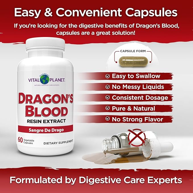Vital Planet - Dragon's Blood Resin Extract Croton Lechleri Sangre de Drago (Sangre de Grado) Digestive Health Supplement Sustainably Sourced from Amazon Rainforest of Peru 500mg 60 Capsules