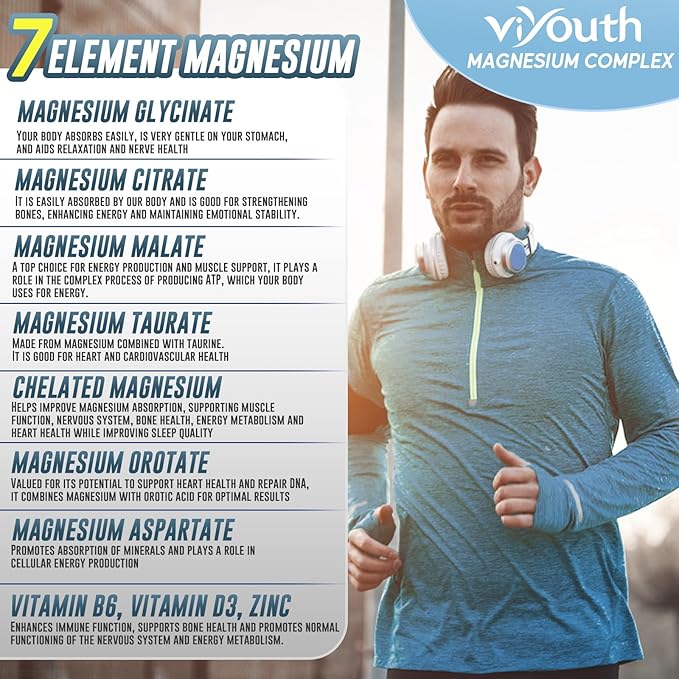 Magnesium 7 Complex Supplement Advanced with Glycinate Citrate Malate Chelate Taurate Orotate Aspartate Capsules with Zinc Vitamin D3 &amp B6 for Sleep Muscle Relief 60 Capsules