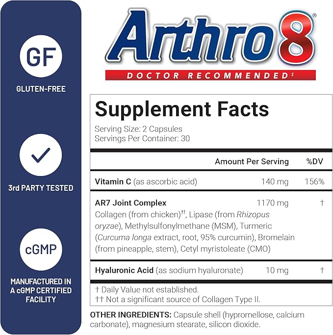 U.S. Doctors’ Clinical Arthro8 - Doctor-Formulated Joint Supplement + Hyaluronic Acid + Turmeric &amp Collagen for Flexibility Mobility &amp Strong Cartilage - 60 Capsules - 15/30-Day Supply