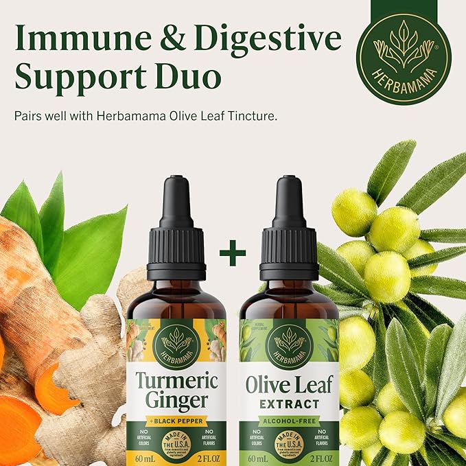 HERBAMAMA Turmeric Curcumin and Ginger Supplement - Vegan Immune Blend with Liquid Ginger RootTurmeric &amp Black Pepper Extract - Non-GMO Alcohol &amp Sugar-Free Immunity Drops