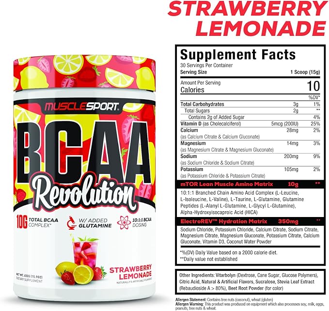 Musclesport BCAA Revolution Amino Acid Powder Supplement for Men &amp Women - Intra Workout Training Complex - Recovery Supplemen (Strawberry Lemonade 30 Servings)