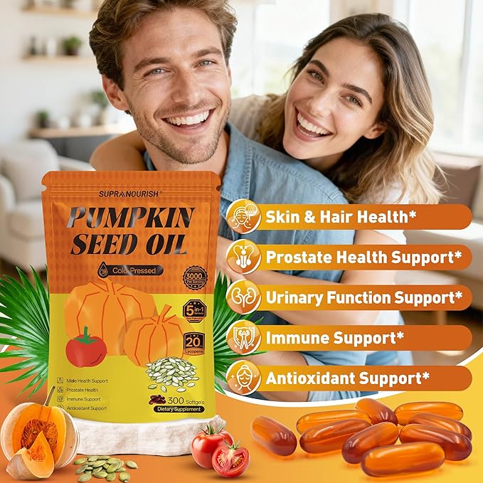 Pumpkin Seed Oil Complex 3000mg with Saw Palmetto Lycopene Zinc &amp Vitamin E – GMP Compliant Cold-Pressed Non-GMO 300 Softgels Daily Wellness &amp Antioxidant Support
