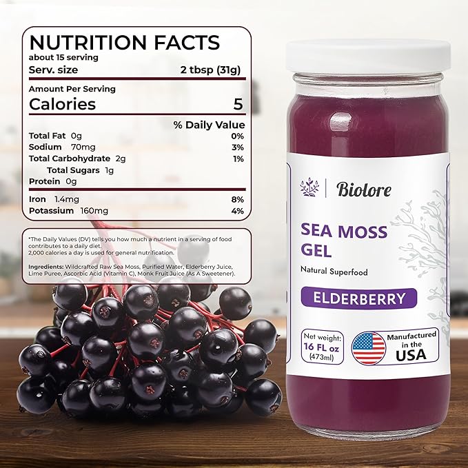 Biolore Wildcrafted Sea Moss Gel - Elderberry 16 oz - Flavored Sea Moss Gel with Essential Vitamins &amp Trace Minerals - Vegan Superfood - Made in USA Gluten-Free No Added Sugar