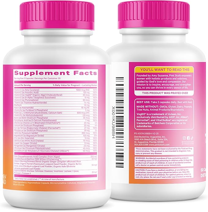 Pink Stork Premium Prenatal Vitamins for Women | Methylated Folate Choline Iron Vegan DHA | Doctor-Formulated Prenatal Vitamin | Organic Whole-Foods &amp Probiotic | Gentle on Stomach 60 Count