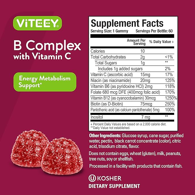 Viteey Vitamin B Complex Gummies with Vitamin C - Energy Metabolism &amp Immune Support - B6 B12 Niacin Folic Acid Biotin Calcium - Vegan Gluten-Free - 120 Count