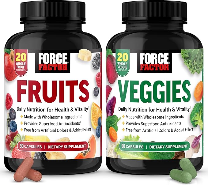 Force Factor Fruits &amp Veggies Fruit &amp Vegetables Supplements for Adults with Superfood Antioxidants 20 Whole Food Ingredients Each No Added Fillers 2-Pack 90 Capsules Each
