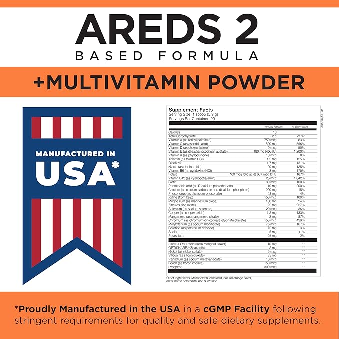 Viteyes AREDS 2 Powder + Multivitamin All-in-One Macular Protection Alternative to AREDS 2 chewables No Pills Lutein &amp Zeaxanthin AREDS 2 Eye Vitamins Drink Natural Orange Flavor 90 Scoops