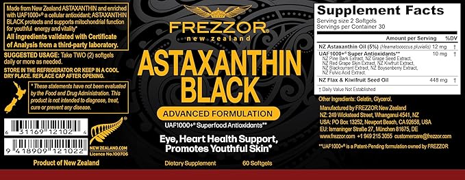 FREZZOR Astaxanthin Black with UAF1000+ Super Antioxidant 12mg Astaxanthin per Serve 120 Softgels 2 Month Supply