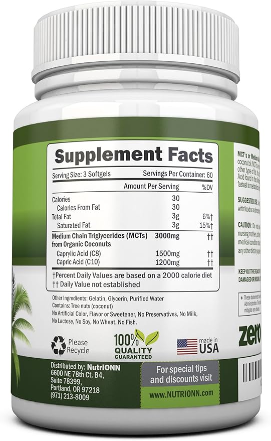 MCT Oil - 3000mg Per Serving - 180 Softgels - Made from 100% Organic Coconuts - Non GMO Cold Pressed Paleo Friendly Capsules - Great for Focus &amp Gut Health