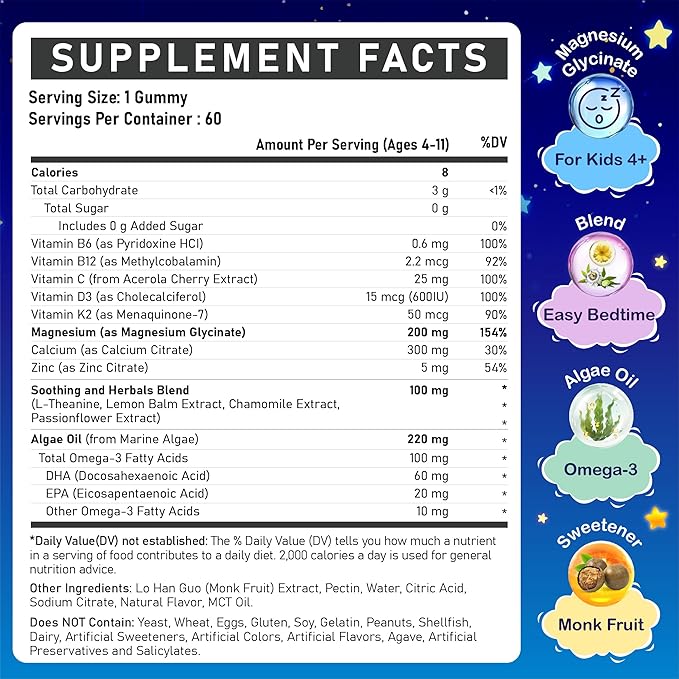Kids Magnesium Glycinate Gummies - Magnesium Glycinate Supplement 200mg with L-theanine Omega-3 Calcium Vitamin D3 &amp B12 for Kids Natural Zzz at Bedtime &amp Overall Health - Sugar Free &amp Non