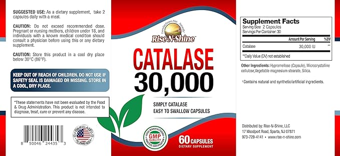 Rise-N-Shine Catalase Supplement 30000 - Powerful Antioxidant Enzyme for Hair Health Support- Hair Supplements for Strong Hair - 60 Capsules (30-Day Supply)
