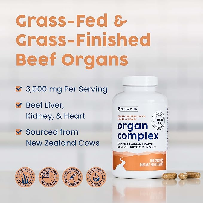 NativePath Grass Fed Beef Organ Complex - Liver Heart Kidney Supplement for Energy &amp Immune Support - New Zealand Sourced 30 Servings
