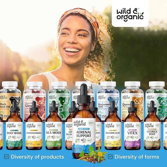 Wild &amp Organic Adrenal Support Supplements for Women &amp Men - Mood &amp Energy Support - Adrenal Complex Drops with Ashwagandha &amp Rhodiola Rosea Herb - Add to Tea - Vegan No Sugar &amp A