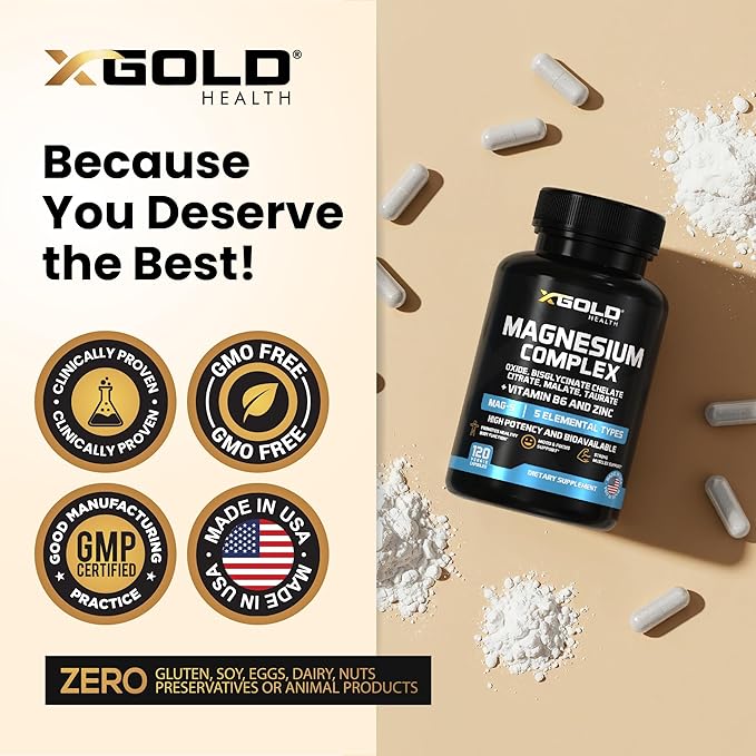 X Gold Health Magnesium Complex 5-in-1 with Zinc &amp B6 High Absorption Capsules (Glycinate Citrate Malate Taurate Oxide) Muscle Recovery Energy Sleep Support &amp Immune Health 500mg Made in