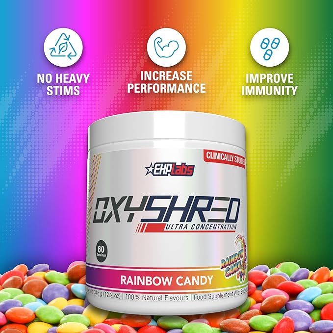 EHP Labs OxyShred Pre Workout Powder - Preworkout Powder with L Glutamine &amp Acetyl L Carnitine Energy Boost Drink - Rainbow Candy 60 Servings