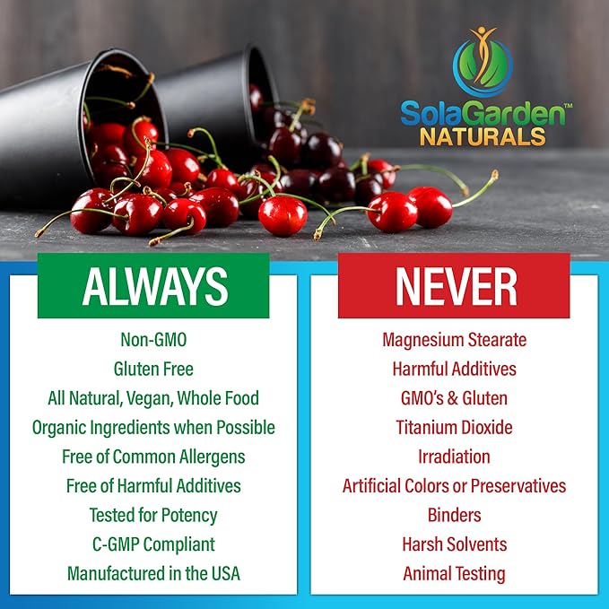 Super Strength CherryPURE Tart Cherry Supplement – 50:1 Concentrate Grown in The USA - Made with Non GMO Montmorency Cherries – by SolaGarden Naturals. 60 Non GMO Veggie Capsules.