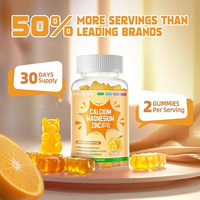 Calcium Magnesium Zinc Gummies with Vitamin D3 &amp K2 - High Potency Enhanced Absorption -120 Orange Gummies
