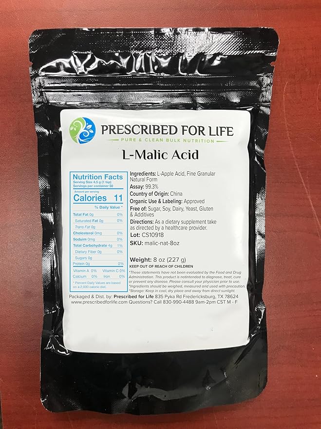 Prescribed for Life L Malic Acid Powder 100% Pure Malic Acid Supports Energy and Endurance USP Grade Gluten Free Vegan Non GMO (8oz / 227g)