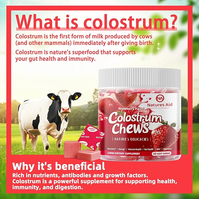 Colostrum Chews Supplement with probiotics for Gut Health Bloating Immune Support Skin Hair Growth and Beauty - Strawberry Flavor (60 Servings)