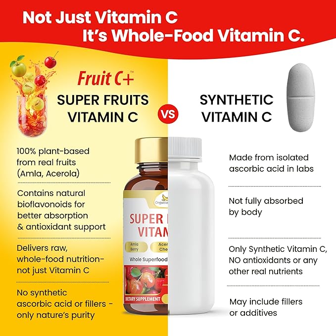 Organic Veda Fruit C+ Vitamin C Complex - 1250mg Organic Whole Food Vitamin C Supplement with Citrus Bioflavonoids Acerola &amp Amla - Daily Antioxidants Immunity Collagen Boost - 120 Vegan Capsul