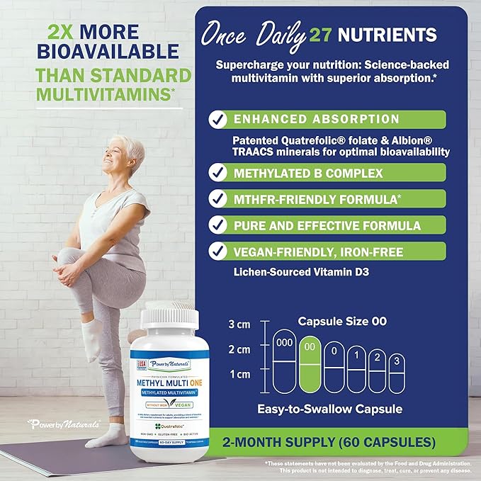 Power By Naturals Methyl Multi One – Iron-Free Methylated Multivitamin with Methyl B12 5-MTHF CoQ10 &amp Zinc – Methylation Support for Men &amp Women – 120 Capsules 2-Pack (4-Month Supply)