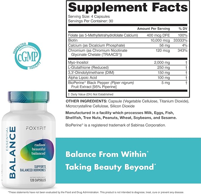 Essential Balance Hormonal Support and Vitamin Supplement for Women by Foxy Fit – Antioxidant Healthy Skin &amp Hair for Daily Use* (30 Servings)