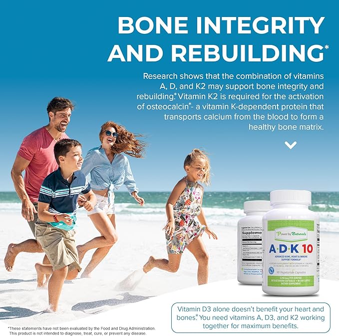 Power By Naturals ADK 10 Vitamin Supplement – Vitamins A D3 &amp K2 MK-7 for Bone Heart &amp Immune Health – Gluten-Free Soy-Free – 90 Capsules (3-Month Supply)