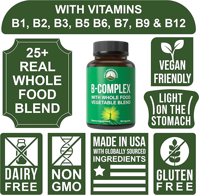 Vitamin B Complex Capsules + Whole Food Blend of 25 Vegetables and Fruits for Max Absorption. Best Vegan B-Complex Supplement with Vitamin B1 B2 B3 B5 B6 B7 B9 and B12. 90 Capsules. Energy Boost