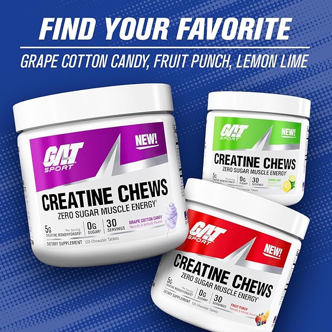 GAT SPORT Creatine Chews Zero Sugar 5g Pure Creatine Monohydrate 3rd Party Tested Brain Health Muscle Strength Anti-oxidant Support for Men &amp Women 30 Servings (Lemon Lime)