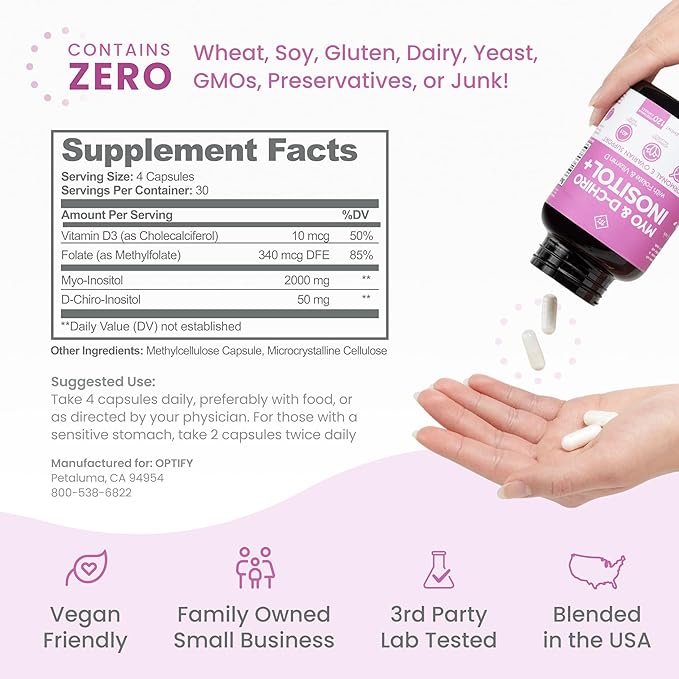 Optify Myo-Inositol &amp D-Chiro Inositol Supplement for Women – 40:1 Ratio Plus Folate and Vitamin D – Support Healthy Hormonal Balance Regular Cycles &amp Ovarian Health – 30-Day Supply