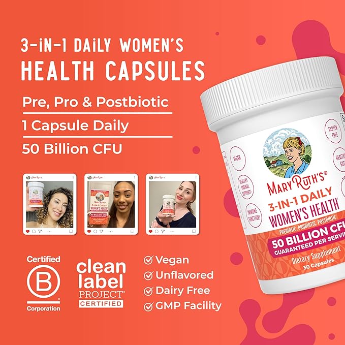 MARYRUTH'S 3-in-1 Daily Health Probiotics for Women | Hormone Support &amp Gut Health Supplement for Women | Women’s Probiotic | 50 Billion CFU | Vegan | 30 ct