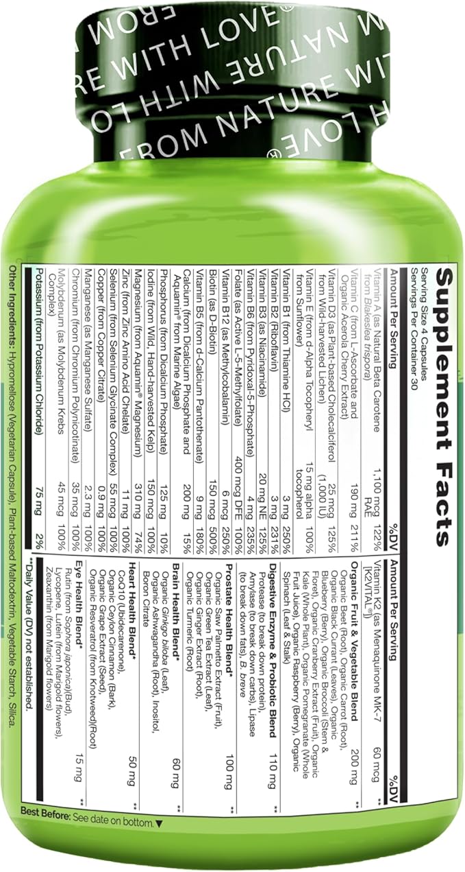NATURELO Whole Food Multivitamin for Men 50+ - with Vitamins Minerals Organic Herbal Extracts - Vegan Vegetarian - for Energy Brain Heart and Eye Health - 120 Capsules