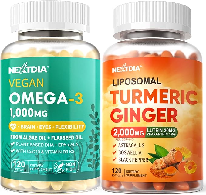 Vegan Omega 3 D3K2 Supplement + Liposomal Turmeric Ginger Lutein Supplement