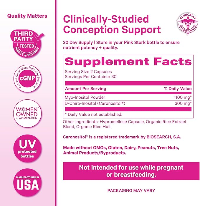 Pink Stork Myo-Inositol &amp D-Chiro Inositol: 3.6:1 Blend to Support Fertility Hormone Balance for Women - Ovarian Function Ovulation Conception and Period Support Supplement - 60 Capsules