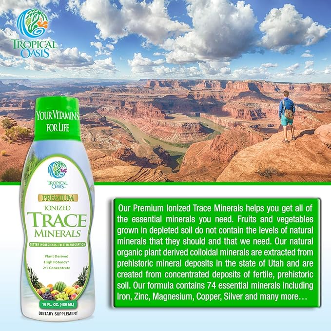 Tropical Oasis - Premium Ionized Plant Based Trace Minerals Liquid Formula- 74 essential minerals in liquid form for up to 96% Absorption - 16 oz 32 servings