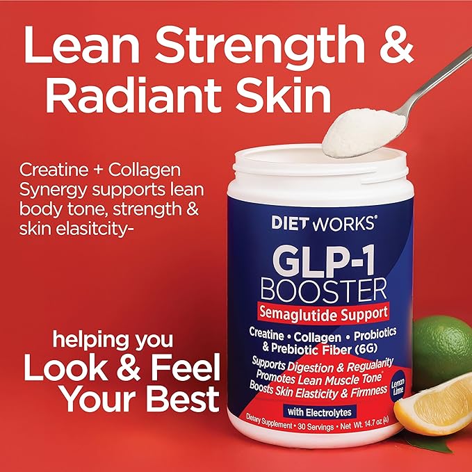 DietWorks GLP-1 Booster – Daily Companion Drink Mix with 6g Prebiotic Fiber Probiotics Collagen &amp Creatine – Supports Gut Health Hydration Energy &amp Wellness – Lemon Lime Flavor 30 Serving