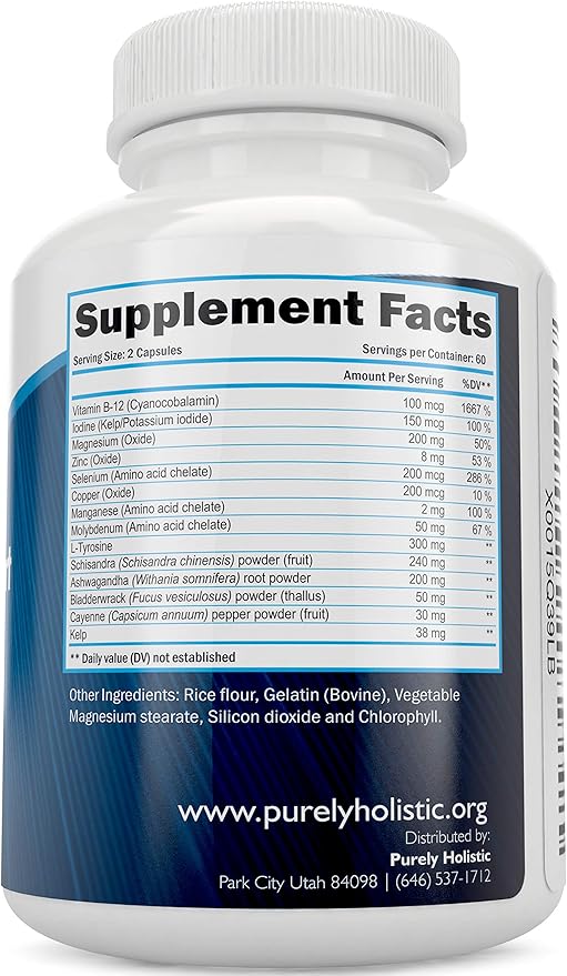 Thyroid Support Supplement with Iodine - 120 Capsules - 2 Month Supply - with L-Tyrosine B12 Magnesium Ashwagandha Kelp &amp More - Formulated for Women - Non GMO
