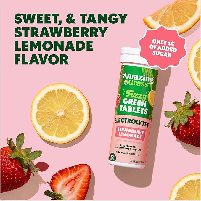 Amazing Grass Electrolyte Tablets Fizzy Greens Water Flavoring Tablet with Vitamins Hydrate Strawberry Lemonade 10 Count (Pack of 6) (Packaging May Vary)