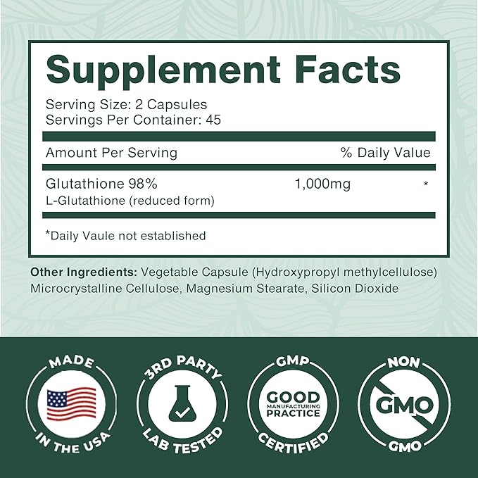 PurePremium Reduced Glutathione 1000mg Per Serving - 500mg Per Capsule – L-Glutathione Supplement &amp Antioxidant Support for Normal Liver Brain Skin &amp Heart Health – 90 Capsules (Pack of 2)