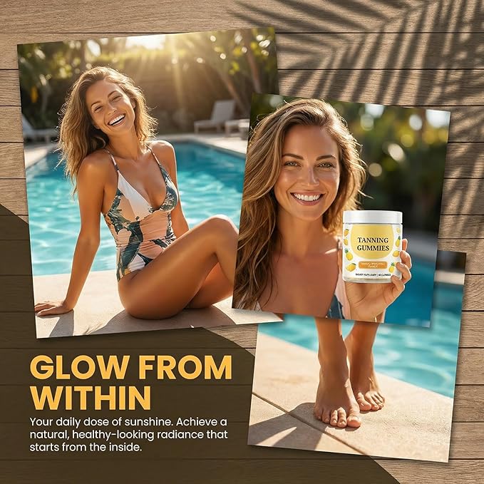 wuliao Gleaux Tanning Gummies Villuna Self Tanning Supplement for Women Goldenne Natural Moisturizing Bronzing Tanner for Face &amp Body Mango Pineapple Flavoreo 60 Gummies (1)