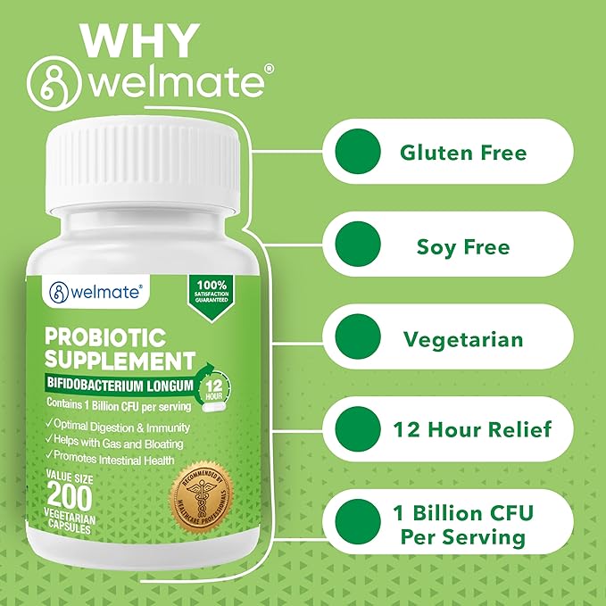 WELMATE Bifidobacterium - Probiotic Supplement - Supports Gut Health - Immune Support - Digestive Enzymes - Gluten Free - Vegan - Men &amp Womens Probiotic - Value Size - 200 Count