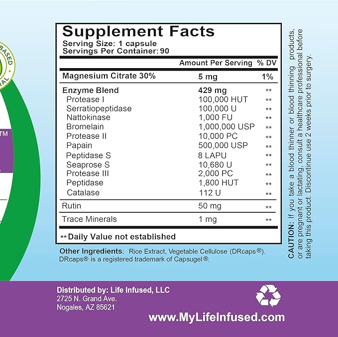 Life Infused Metabolic Enzymes – Systemic Enzyme Supplement with Serrapeptase Nattokinase Bromelain &amp Protease Blend – 72 Trace Minerals – Immune &amp Circulation Support – Vegan Non-GMO – 90