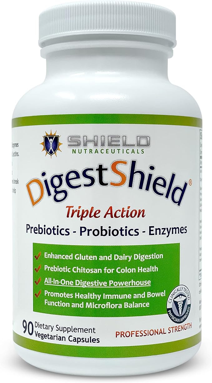 DigestShield® Probiotic &amp Prebiotic Supplement + Digestive Enzymes Beat the Bloat Safely Digest Dairy Gluten and Processed Foods Reduce Fat Absorption with Chitosan 90-Meal Supply