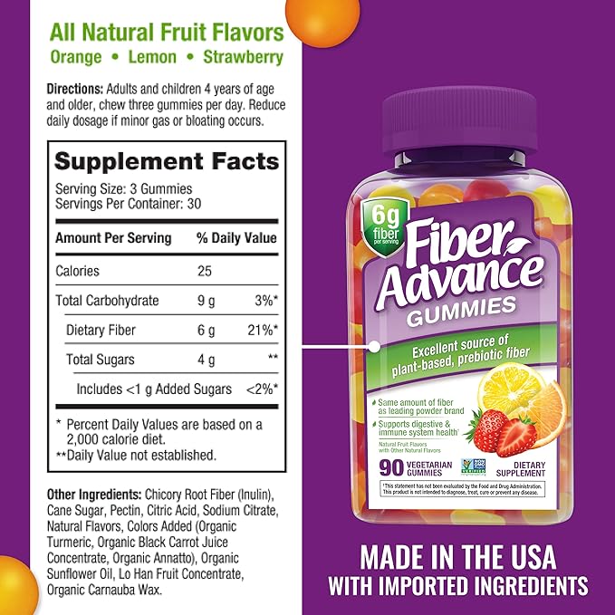 Fiber Advance Gummies | 100% Plant Based Fiber Supplement for Digestive Health | Chicory Root Inulin Prebiotic Gummies for Adults | Gluten Free Vegetarian &amp Non-GMO (Pack of 3)