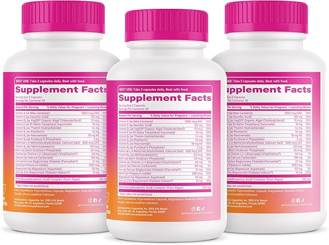 Pink Stork Total Prenatal Vitamins with DHA Folate Iron Choline and Vitamin B12 - Preconception Nutrition - Prenatals for Women Pregnancy Must Haves - Mint Essence 180 Capsules 3 Month Supply