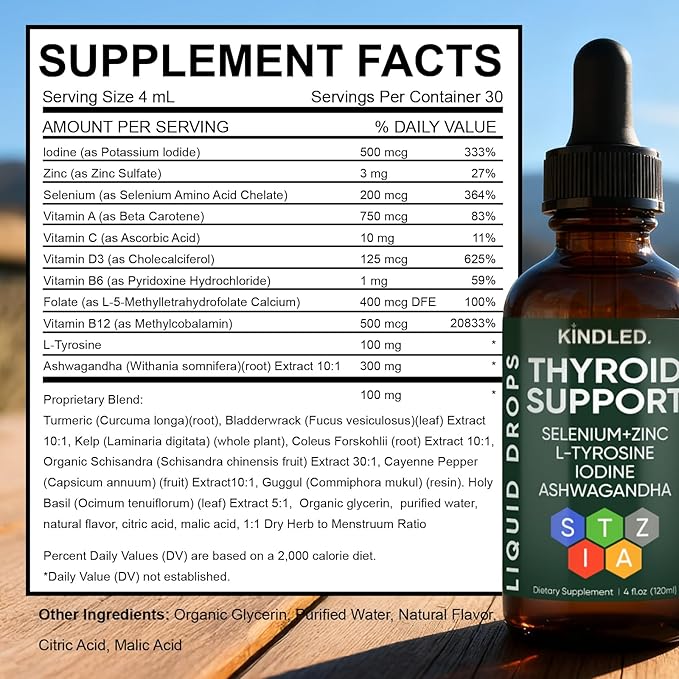 Kindled Thyroid Support Drops | Liquid Drops with Selenium Zinc &amp L-Tyrosine Iodine Ashwagandha | kindled Thyroid Support Daily Support – 4 fl.oz (120mL)