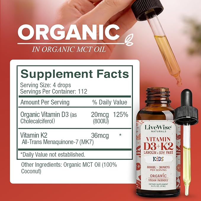 Live Wise Naturals Vitamin D3 K2 Kids Liquid Drops - 112 Servings Ultra Concentrated Formulation Fast Absorption 800 IU &amp 35 MCG for Calcium &amp Bone Support - Daily Nutritional Support Parent